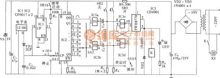 可调式可循环定时控制器(CD4001、CD4017)电路