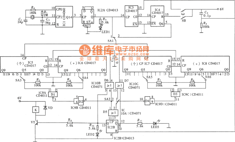 具有定时开、关和自动循环功能的定时器(CD4013、CD4060、CD4017)电路