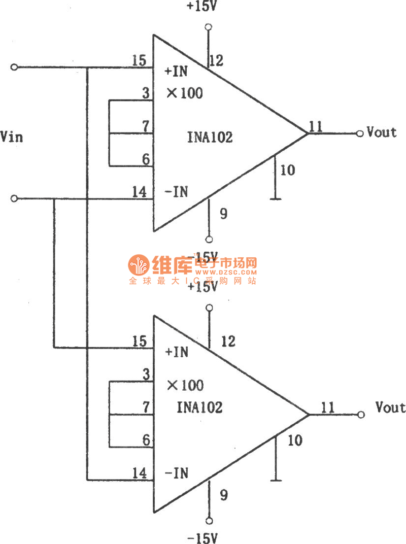 INA102构成的差动输入、差动输出放大电路图