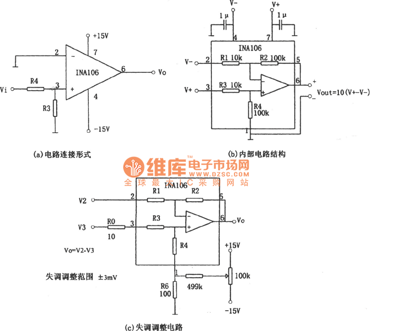 输入信号可达±100V电压跟随器(INA106)电路图