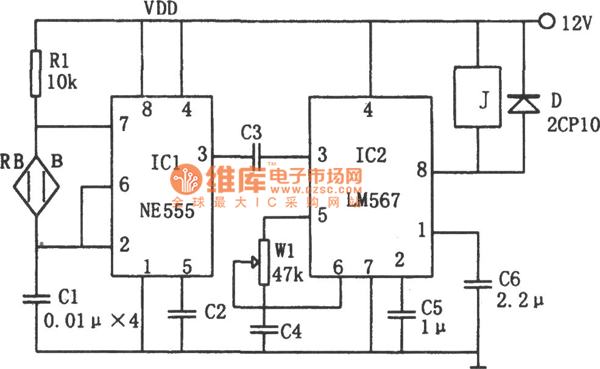 采用温度／频率转换的高控温电路(LM567、NE555)电路图
