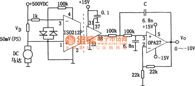 高压隔离电流检测电路(ISO212、OPA27)电路图