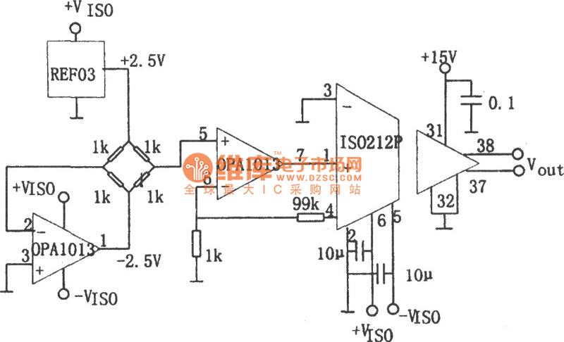 电桥传感隔离放大器(ISO212、OPA1013)电路图