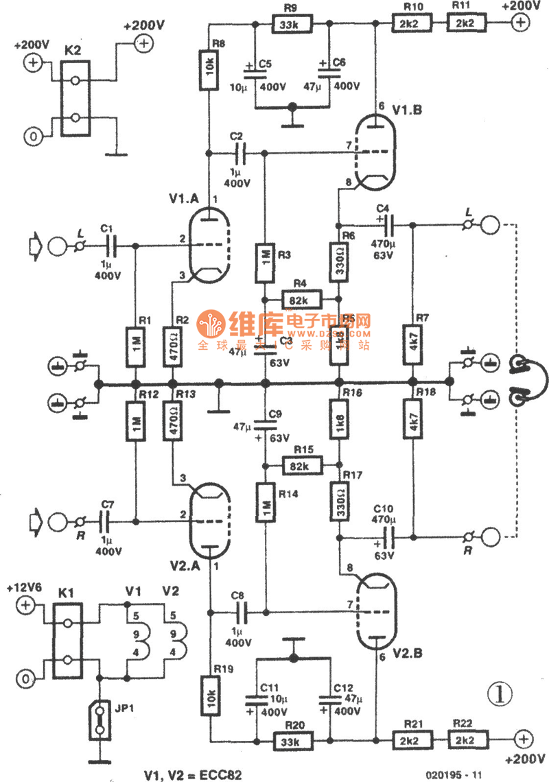 ECC822电子管OTL耳机放大器电路图