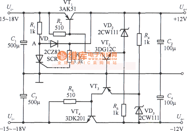 输出为±l2V的双极性稳压电源电路图