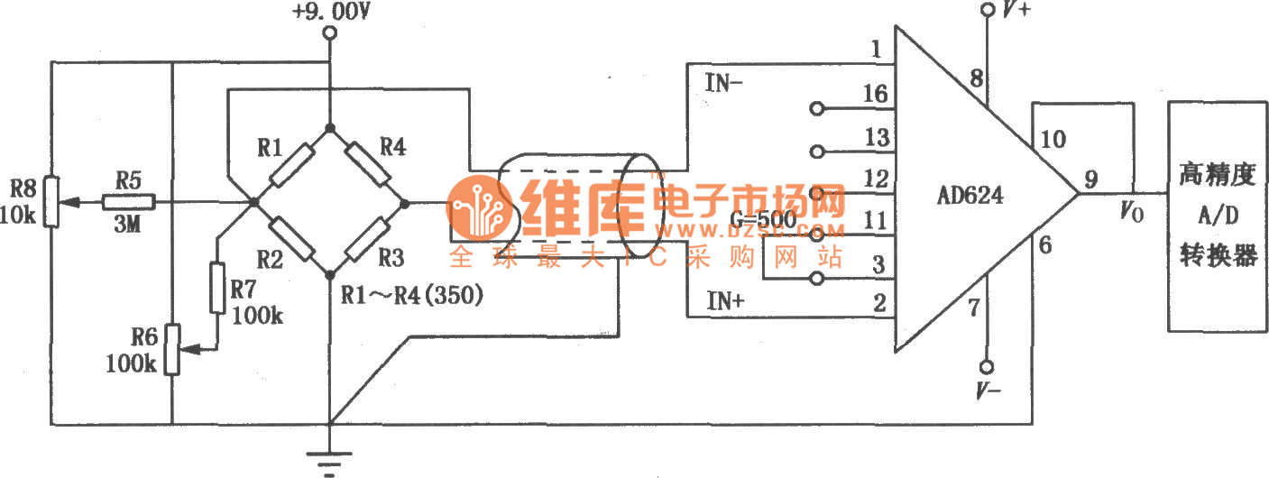 AD624组成的高压力放大电路图