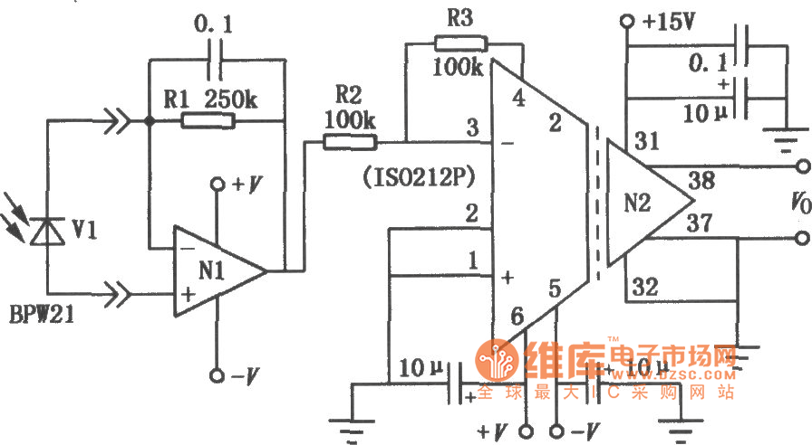 ISO212P组成的光电二极管隔离放大电路图