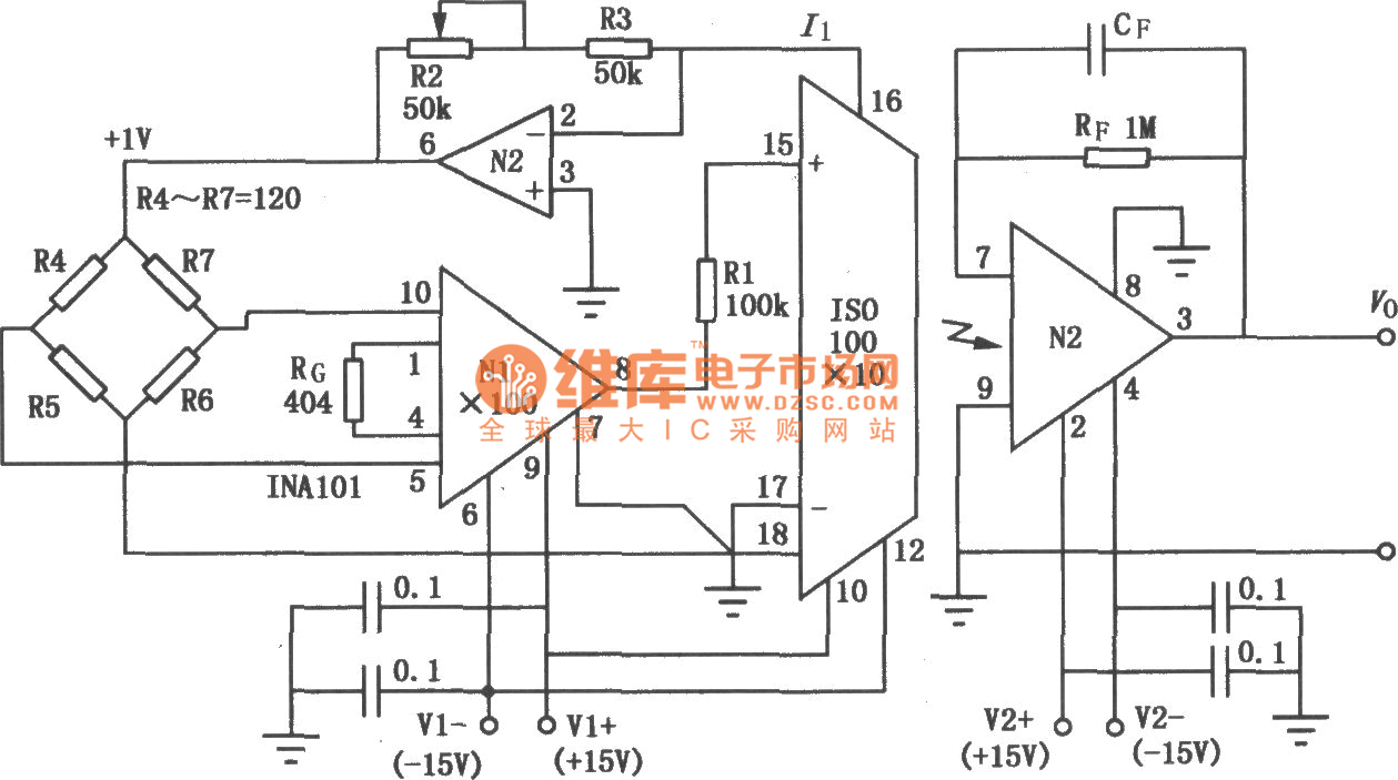 ISO100组成的精密电桥隔离放大电路图