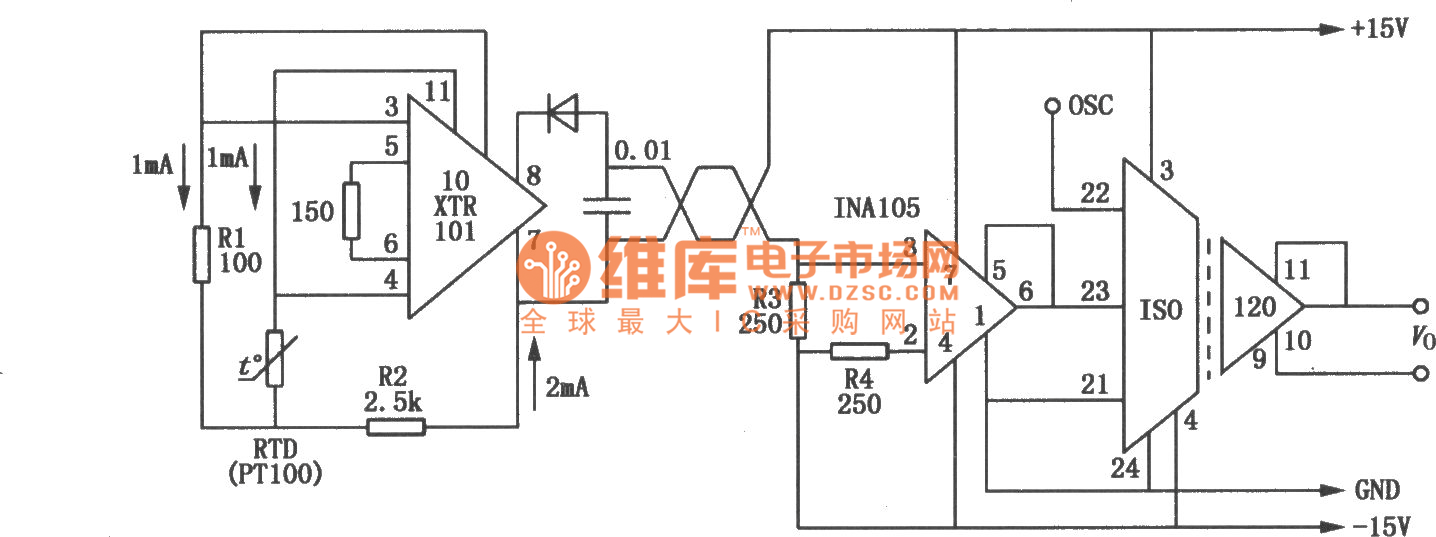 ISO120与XTR101组成的高远距离测温电路图