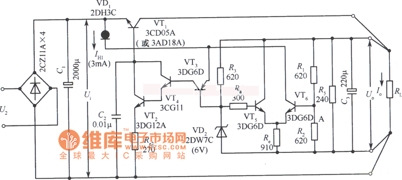 12V集电极输出稳压电源电路之三电路图