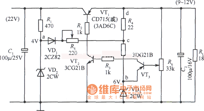 12V集电极输出稳压电源电路之一电路图