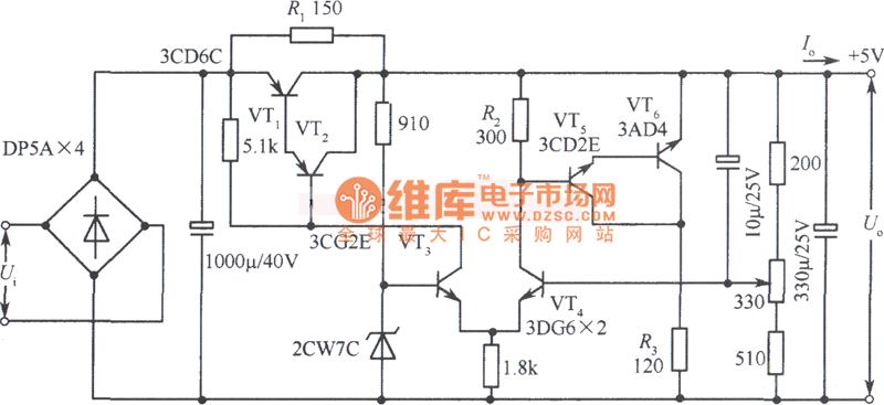 5V集电极输出串、并联复合稳压电源电路图