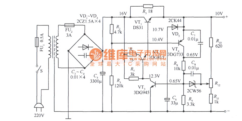 工作在电网电压为l20～250V之间的IOV稳压电源电路图