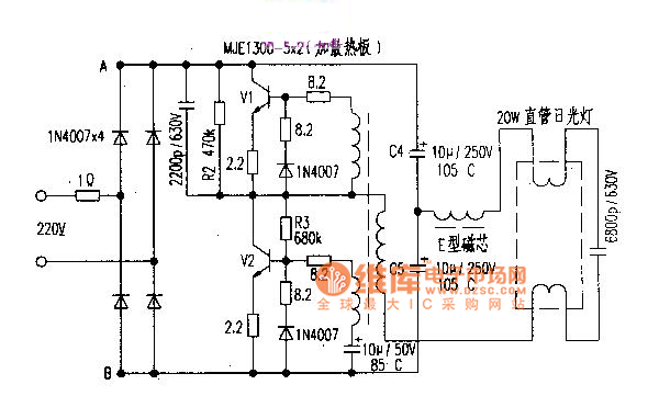 用MJE13005×2的20W日光灯电子镇流器电路图