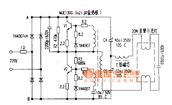 MJE13005×2的20W日光灯电子镇流器电路图