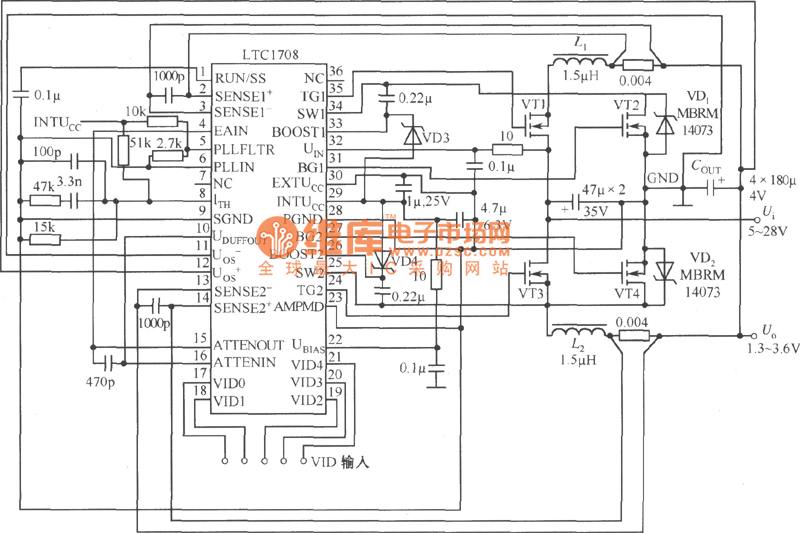 5V输入，1.3～3.5V／20A输出程控电源电路图