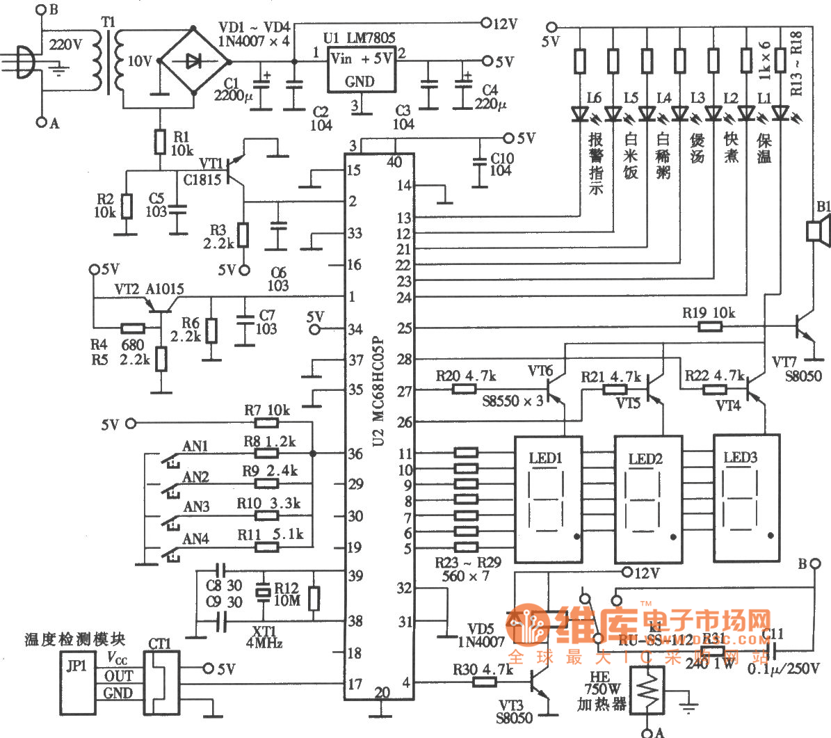 F2-750A智能模糊控制电饭锅电路图