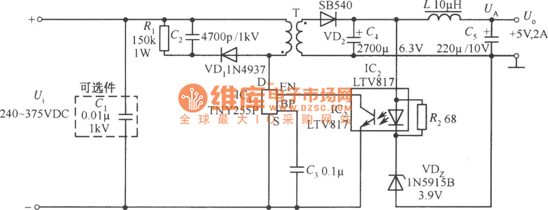 TNY255P构成的5V、2A PC待机电源电路图