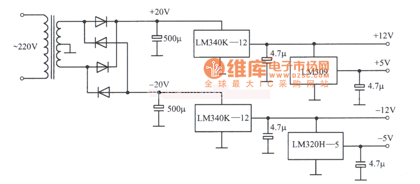 LM340K-12,LM309,LM320-5构成的±5V和±l2V稳压电源电路图