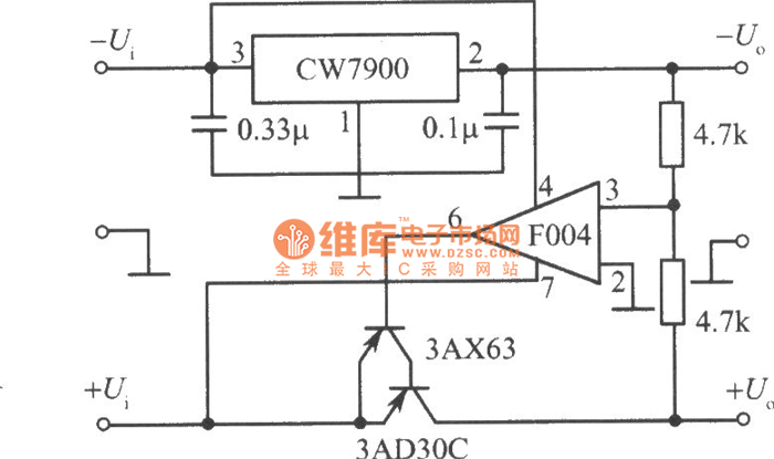 CW7900构成的跟踪式集成稳压电源电路(正电压跟踪负电压)电路图