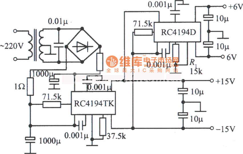 RC4194TK,RC4194D构成的双对称稳压电源电路图
