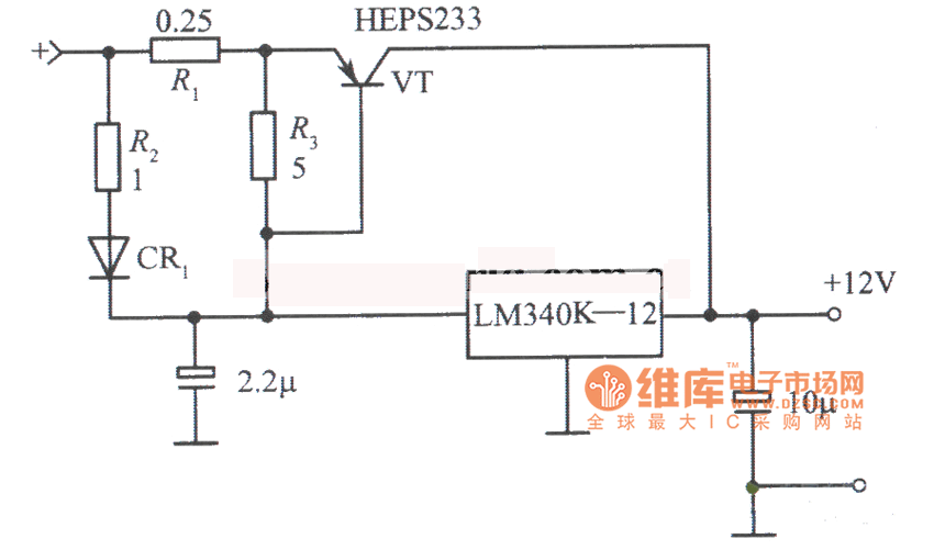 LM340K-12构成的12V、10A稳压电源电路图