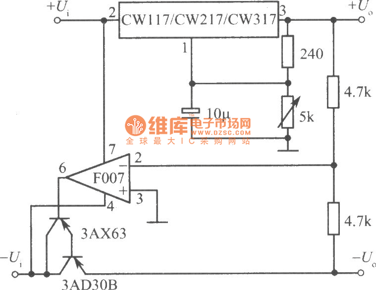 CW117／CW217／CW317构成正、负输出电压跟踪的集成稳压电源电路图之一