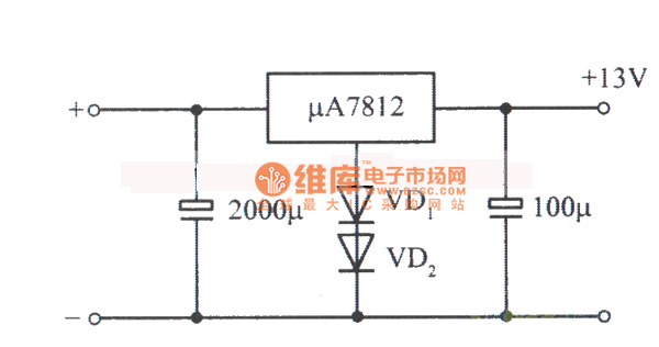 μ7812构成的13V稳压电源(利用二极管提升输出电压)电路图