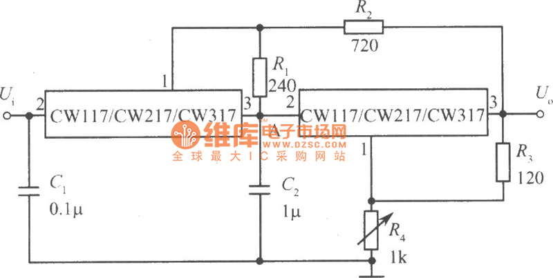 两只CW117／CW217／CW317构成跟踪式集成稳压电源电路图