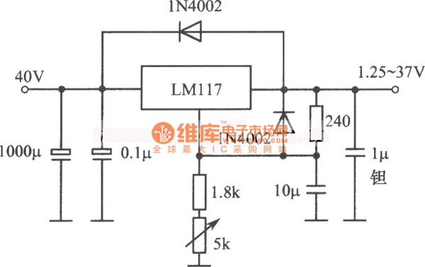 LM117构成的1.25～37V、1.5A可调稳压电源电路图