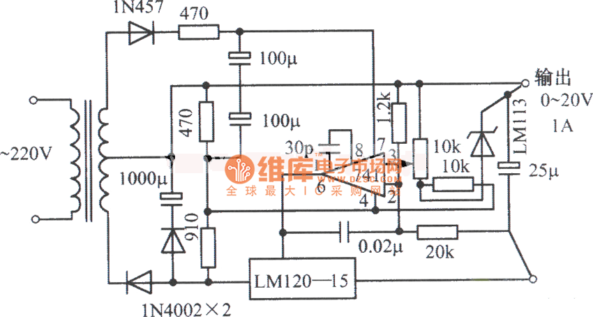 LM120-15,齐纳二极管LM741构成的0～20V、1A可调稳压电源电路图
