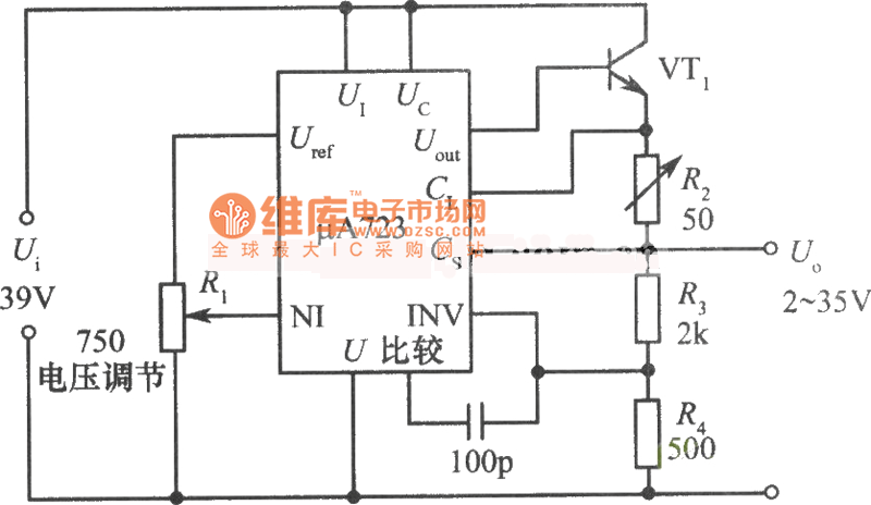 μA723构成的2～35V、10A可调稳压电源电路图