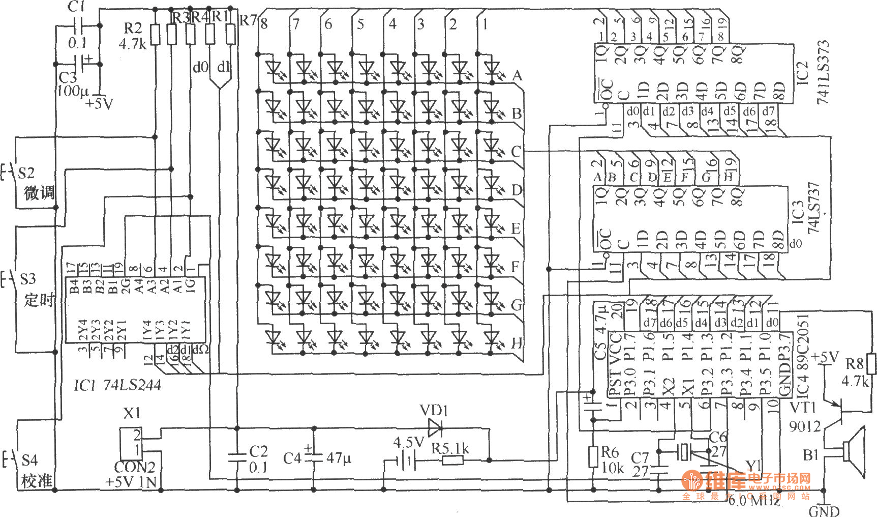 LED流动显示电子钟硬件电路图