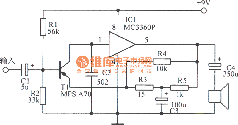 由MC3360P组成的音频功放电路图