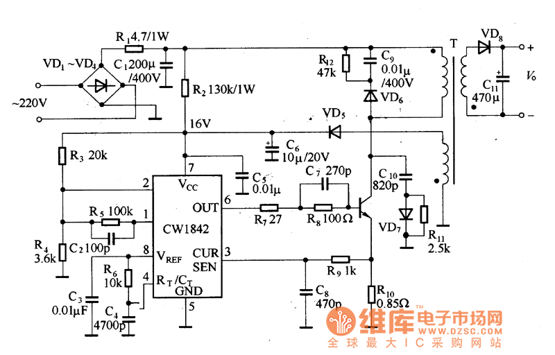 由CW1842构成的开关式稳压器电路图