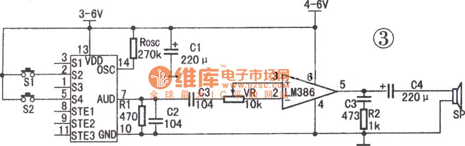 ML-01G与LM386相连应用电路(语音播放)电路图