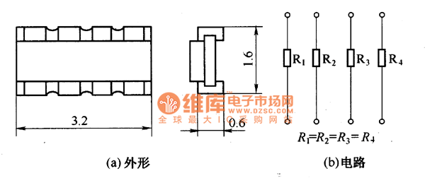 RRA1608-4R型片式厚膜电阻阵列形电路图