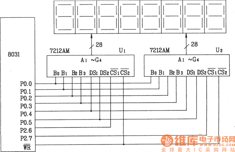 ICM7212AM 4位并行显示/译码/驱动器(硬件译码)构成的8位静态LED显示器电路图