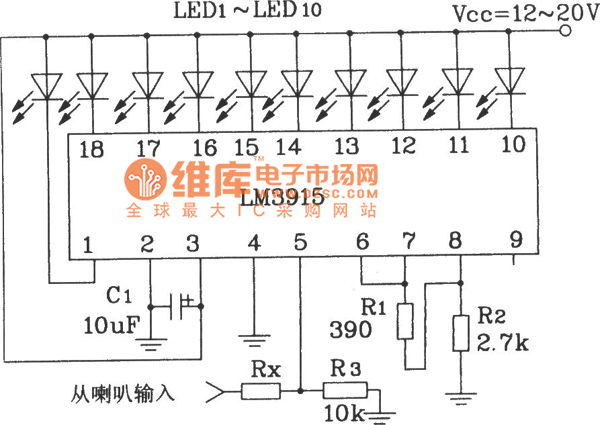 LM3915构成简单音频功率计电路图