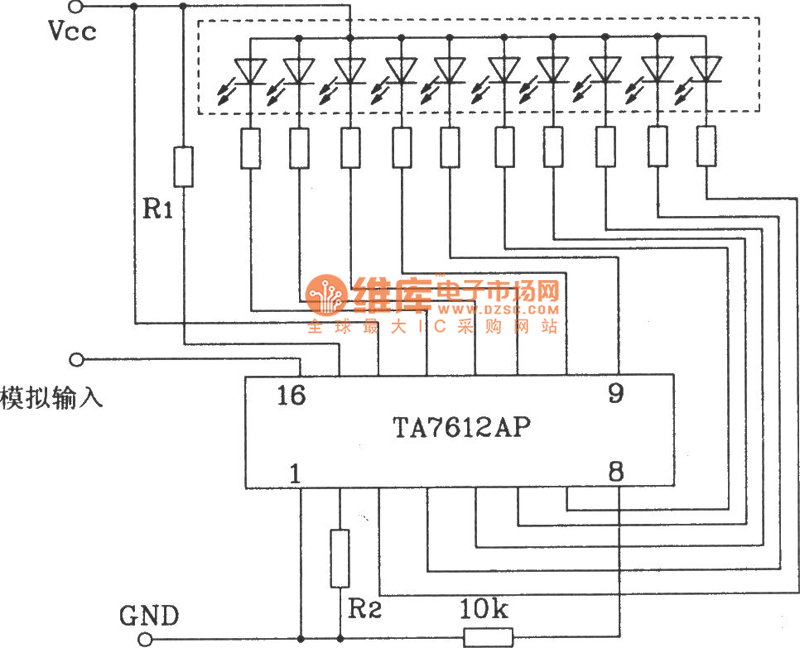 TA7612AP构成一条10点共阳极型对数显示驱动电路图