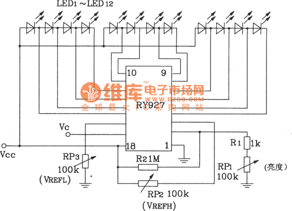 RY927多段LED驱动线性显示器典型应用电路图