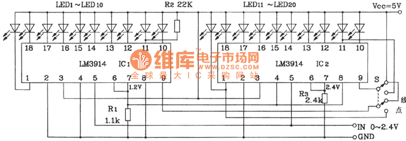 两块LM3914构成的20位LED点/线转换显示电路图
