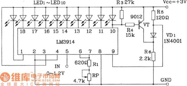 LM3914构成点显示、线溢出的LED显示电路图