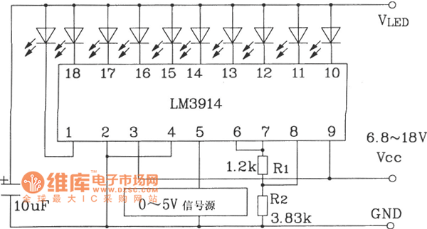LM3914系列点/线图形LED显示驱动集成电路构成的0～5V线图指示器电路图