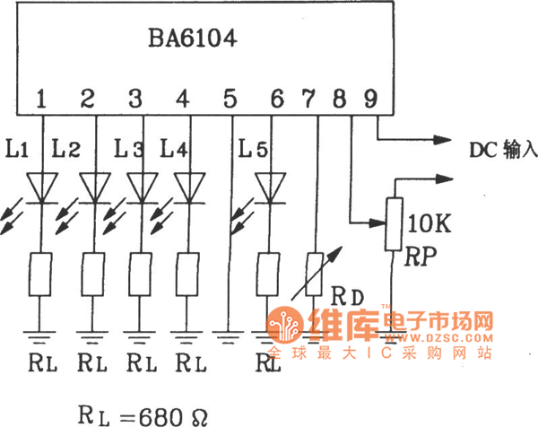 BA6104五位LED电平表驱动集成电路基本应用电路图
