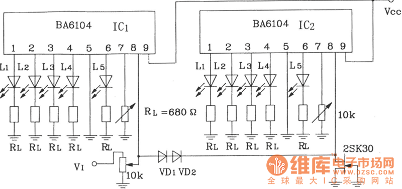 2块BA6104五位LED电平表驱动集成电路构成的10点LED电平显示电路图