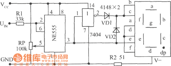 使用单时基电路NE555构成的电平测试电路图