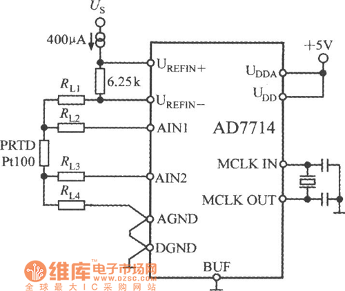 由5通道低功耗可编程传感器信号处理器AD7714与Pt100型铂热电阻(PRTD)构成的测温电路图