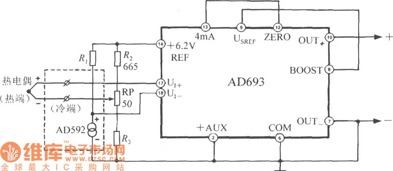 由多功能传感信号调理器AD693构成的带冷端温度补偿的热电偶测温电路图