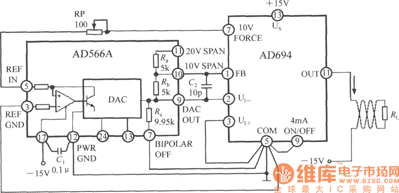 多功能传感信号调理器AD694用作数／模转换器(DAC)的电流环接口电路图